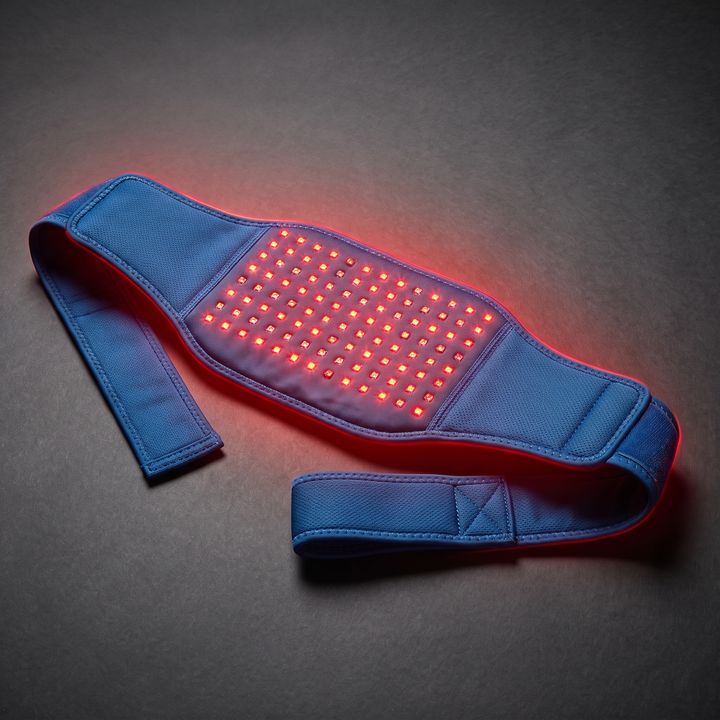 Blue red light and infrared LED heat wrap recovery belt laid flat, dark charcoal studio with red accent lighting