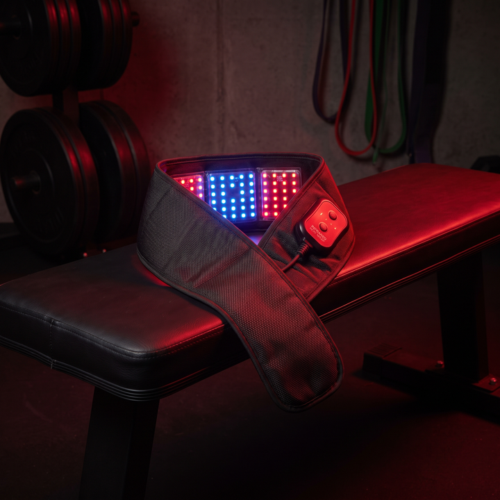 Blue LED heat wrap recovery belt draped over a gym bench in a dark recovery studio