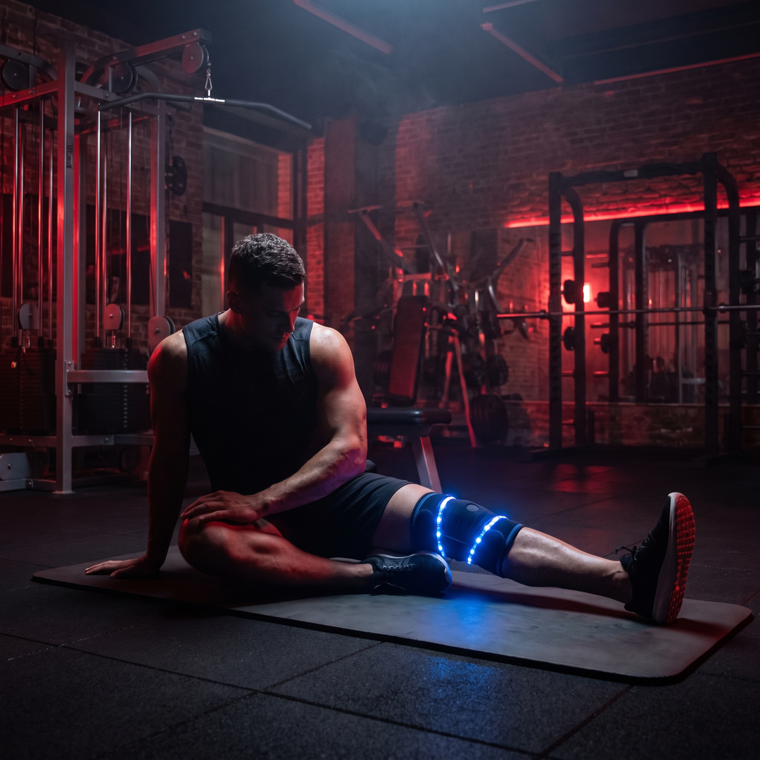 Athlete wearing blue LED heat wrap on knee during a recovery stretch in a dark gym