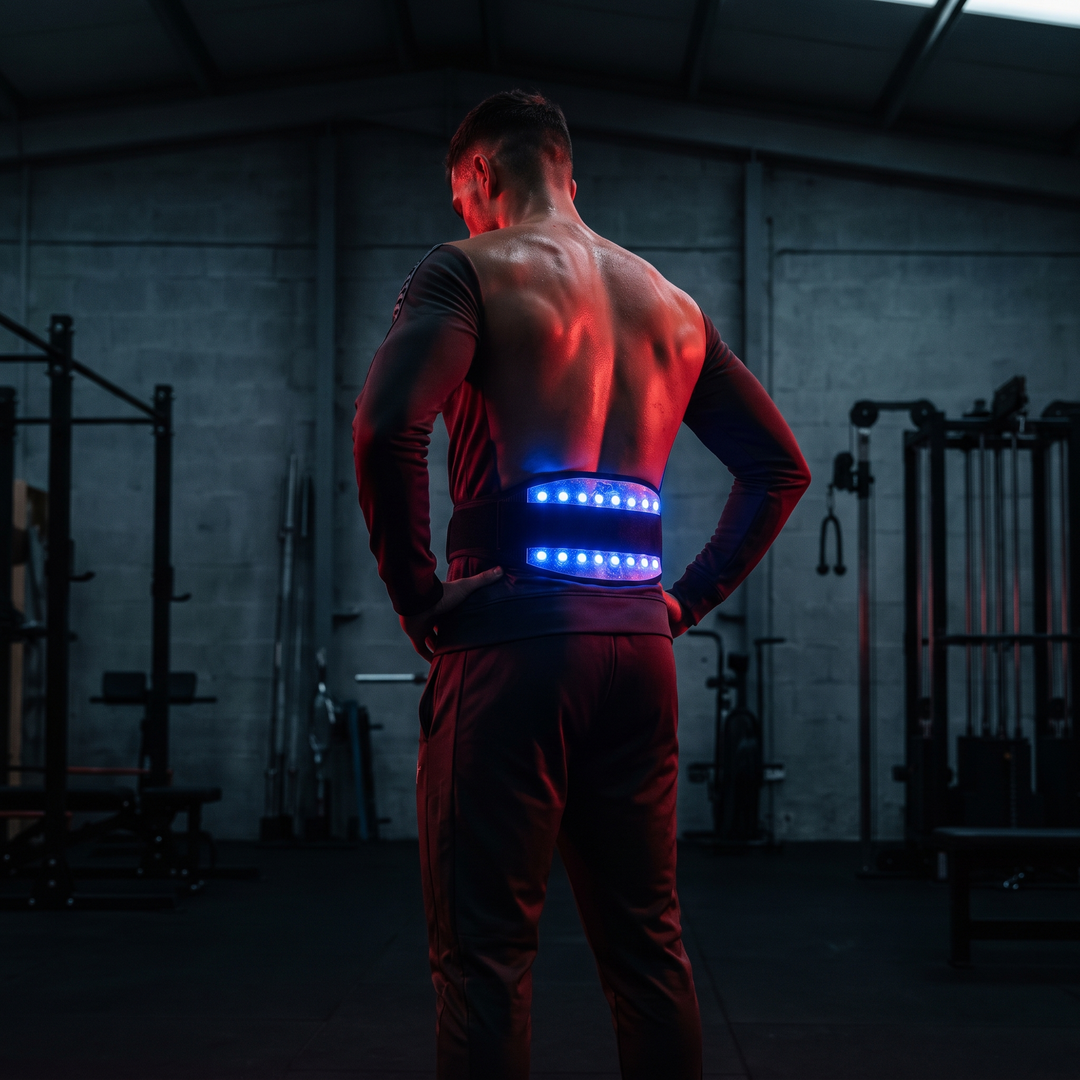 Athlete wearing blue LED heat wrap on lower back during a recovery session in a dark gym