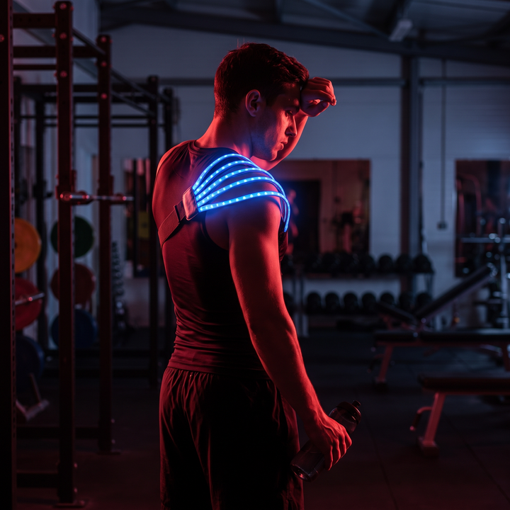 Athlete wearing blue LED heat wrap on shoulder during a recovery session in a dark gym