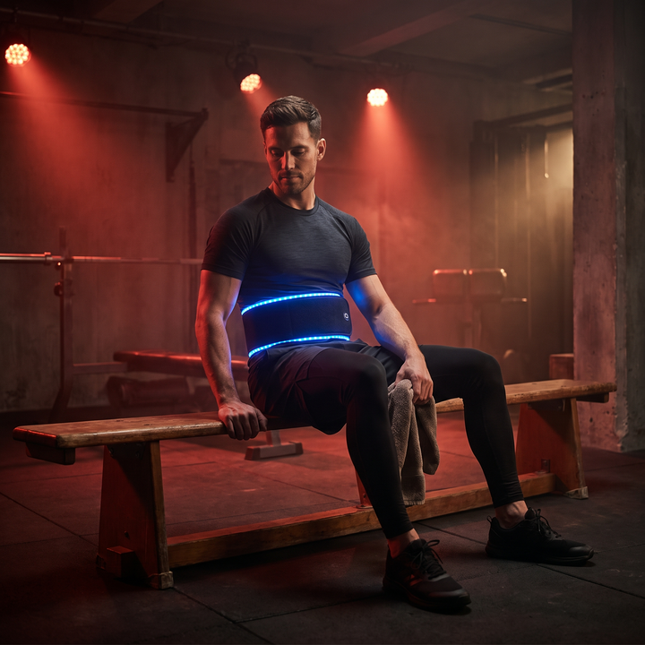 Athlete wearing blue LED heat wrap around waist during a recovery session in a dark gym