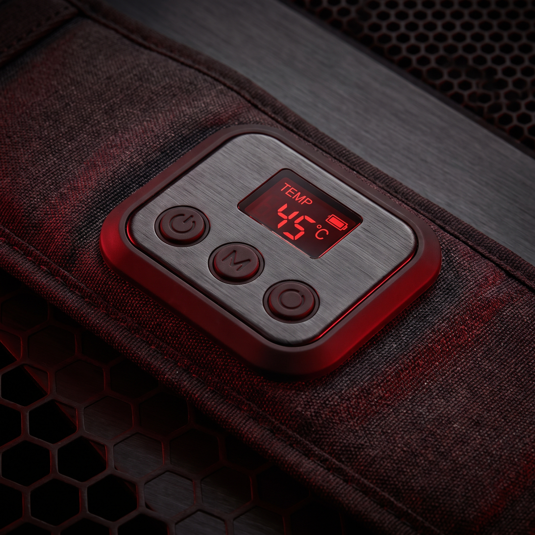 Close-up of the digital control panel and buttons on the recovery heat wrap