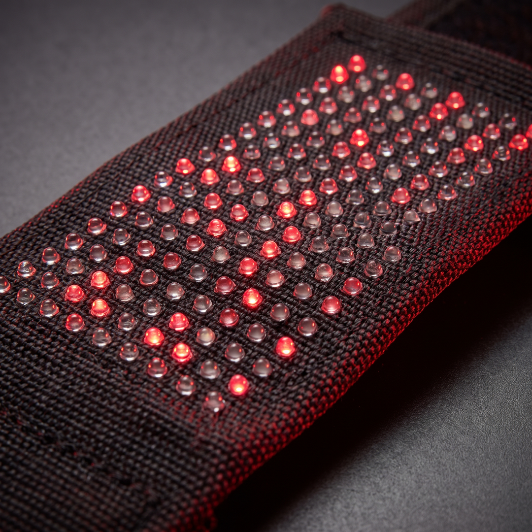 Macro close-up of the red and infrared LED bead array on the recovery heat wrap