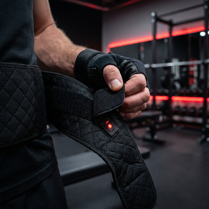 Close-up of adjustable velcro strap closure being fastened on the recovery wrap