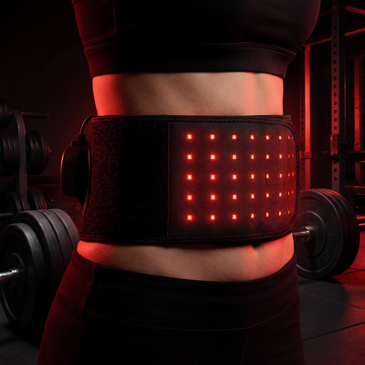 Close-up of red light glowing through the heat wrap belt at the waist
