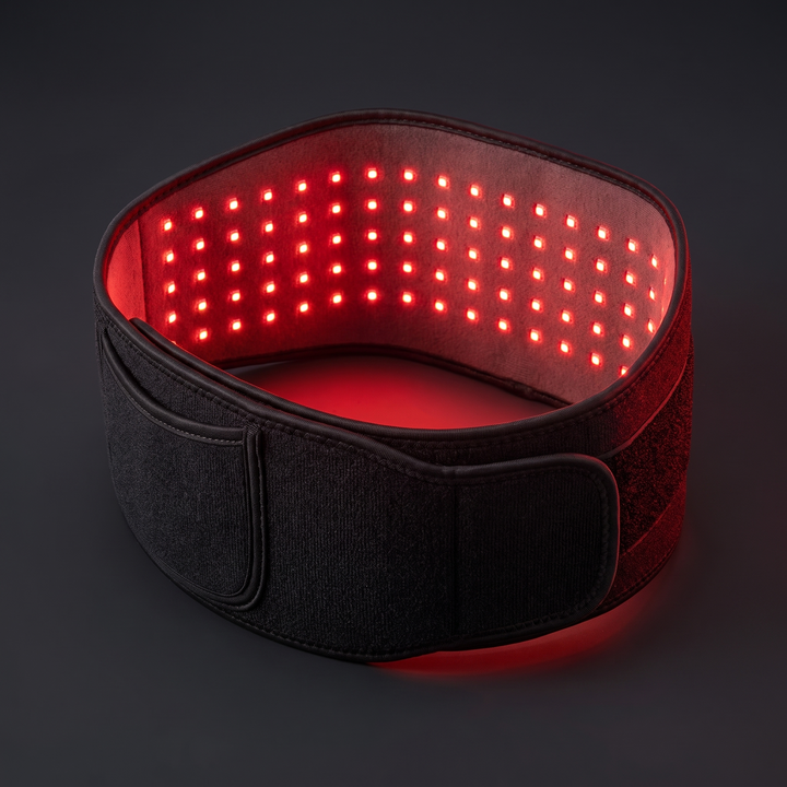 Red light infrared heat wrap belt, angled product view showing adjustable strap design