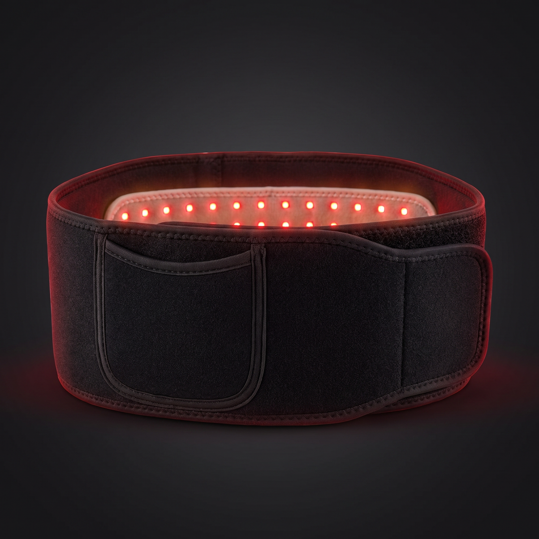 Black red light and infrared LED heat wrap belt for the back and waist, front view