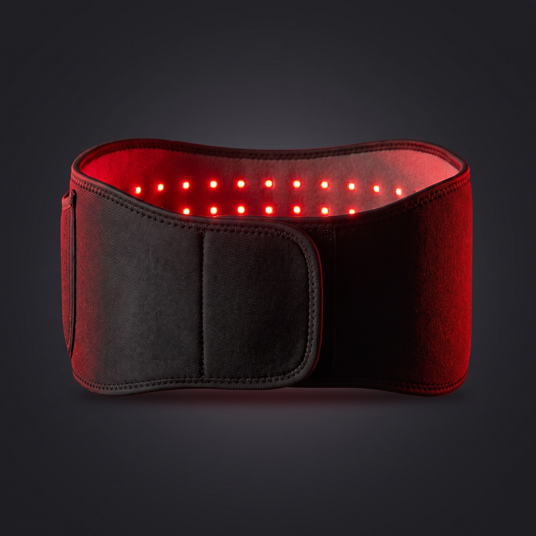 Side profile of the red light infrared heat wrap belt showing ergonomic fit