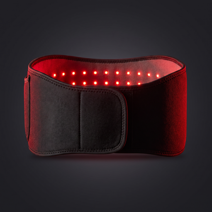 Side profile of the red light infrared heat wrap belt showing ergonomic fit