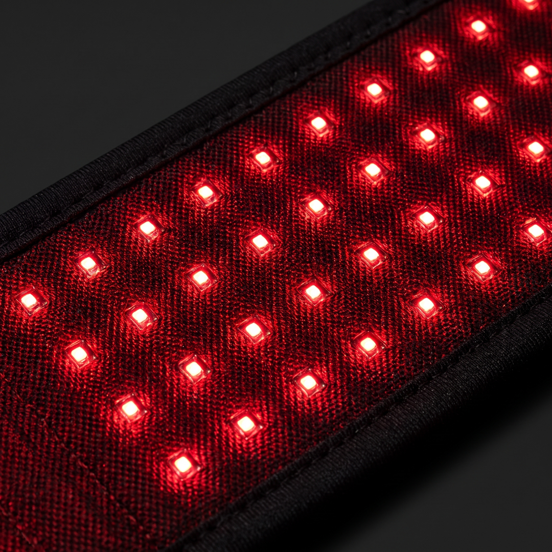 Close-up of red LED light array embedded in the heat wrap belt