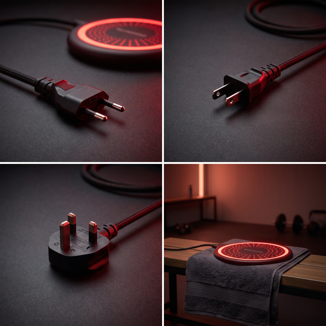 PHYSIOATHLETX Red Light Recovery Pad power adapter and ambient recovery setting