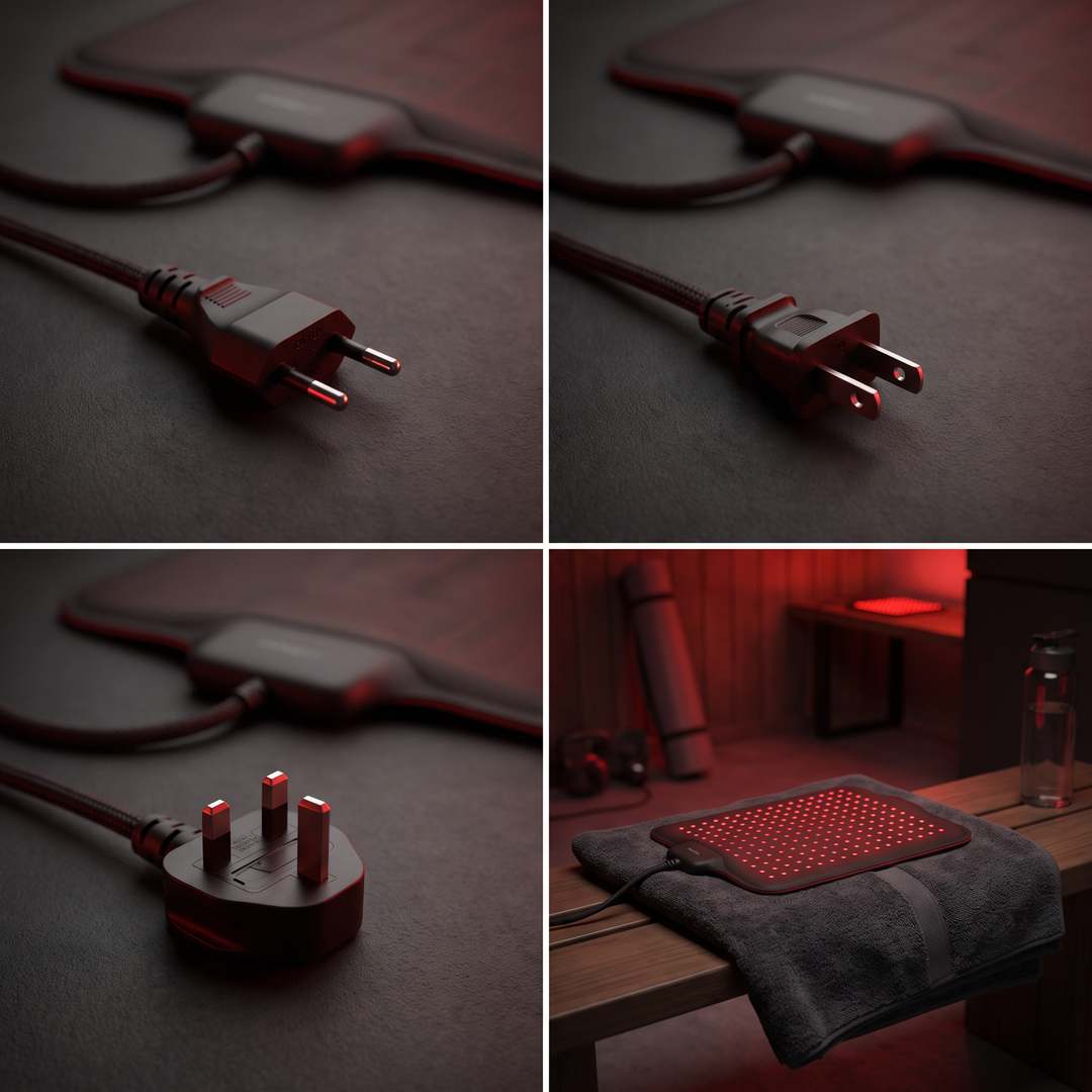 PHYSIOATHLETX Red Light Recovery Pad power adapter and ambient recovery setting