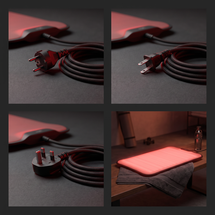 PHYSIOATHLETX Red Light Recovery Pad power adapter and ambient recovery setting