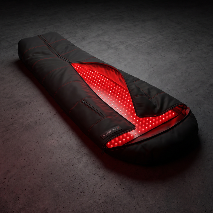 PHYSIOATHLETX Red Light Recovery Wrap - hero unzipped glowing interior