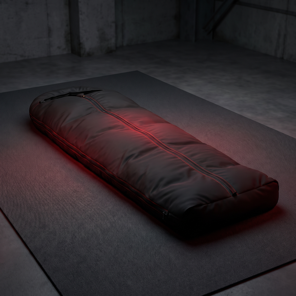 PHYSIOATHLETX Red Light Recovery Wrap - hero zipped closed glowing seams