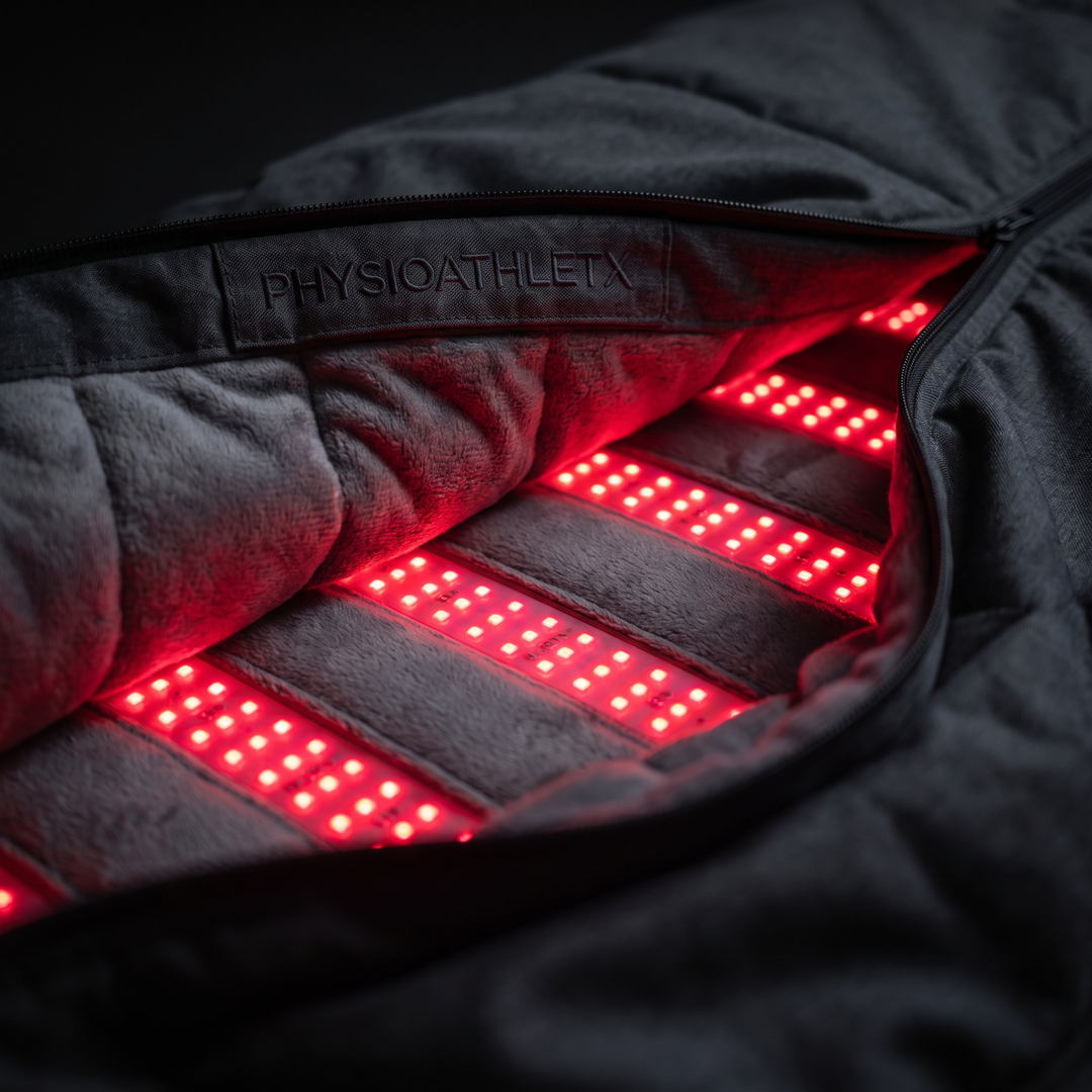 PHYSIOATHLETX Red Light Recovery Wrap - interior LED panel glow close-up