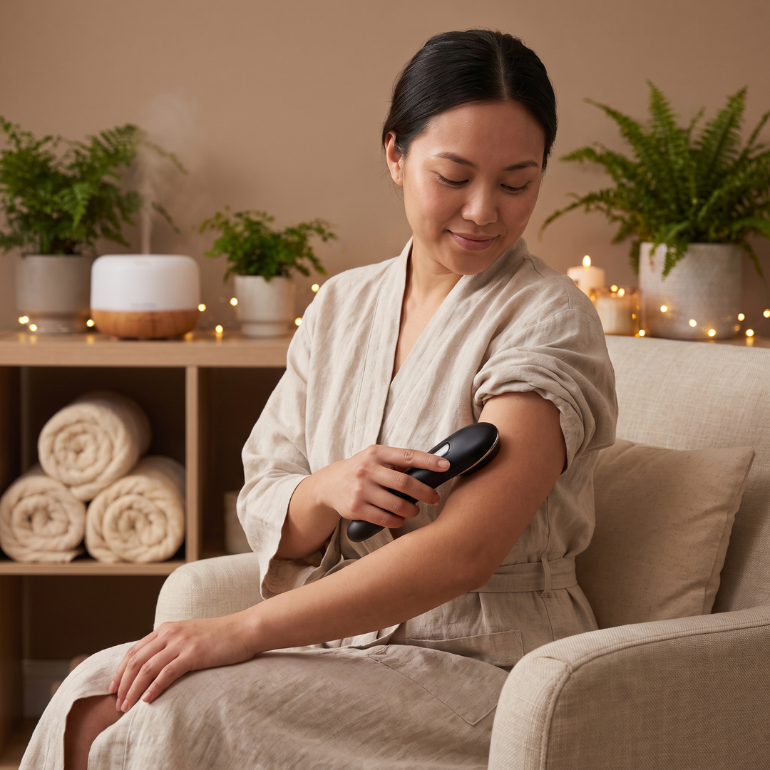 Relaxed person using a black professional-grade skin massage device for a soothing arm massage