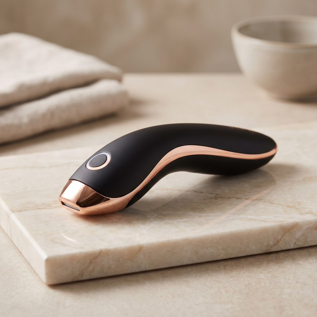 Black professional-grade skin massage device with radiofrequency and LED light, elegant spa product photography