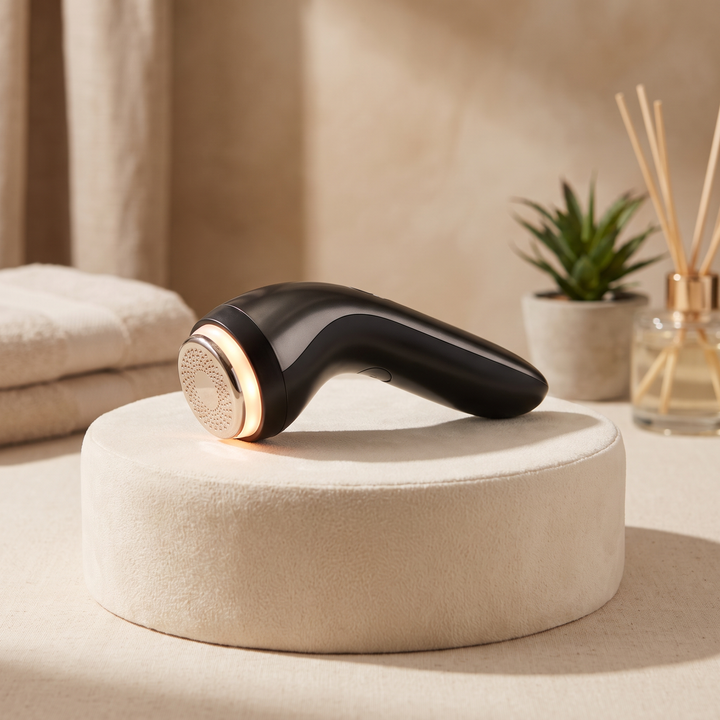 Black skin massage device with soft LED light glow, elegant spa styling