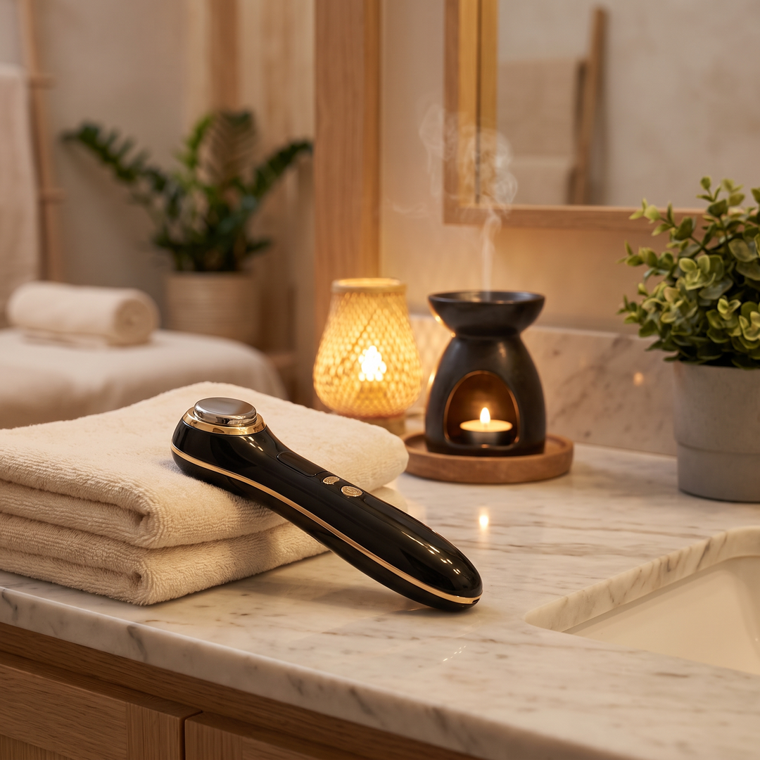 Black skin massage device displayed on a spa vanity table for a calming at-home spa ritual