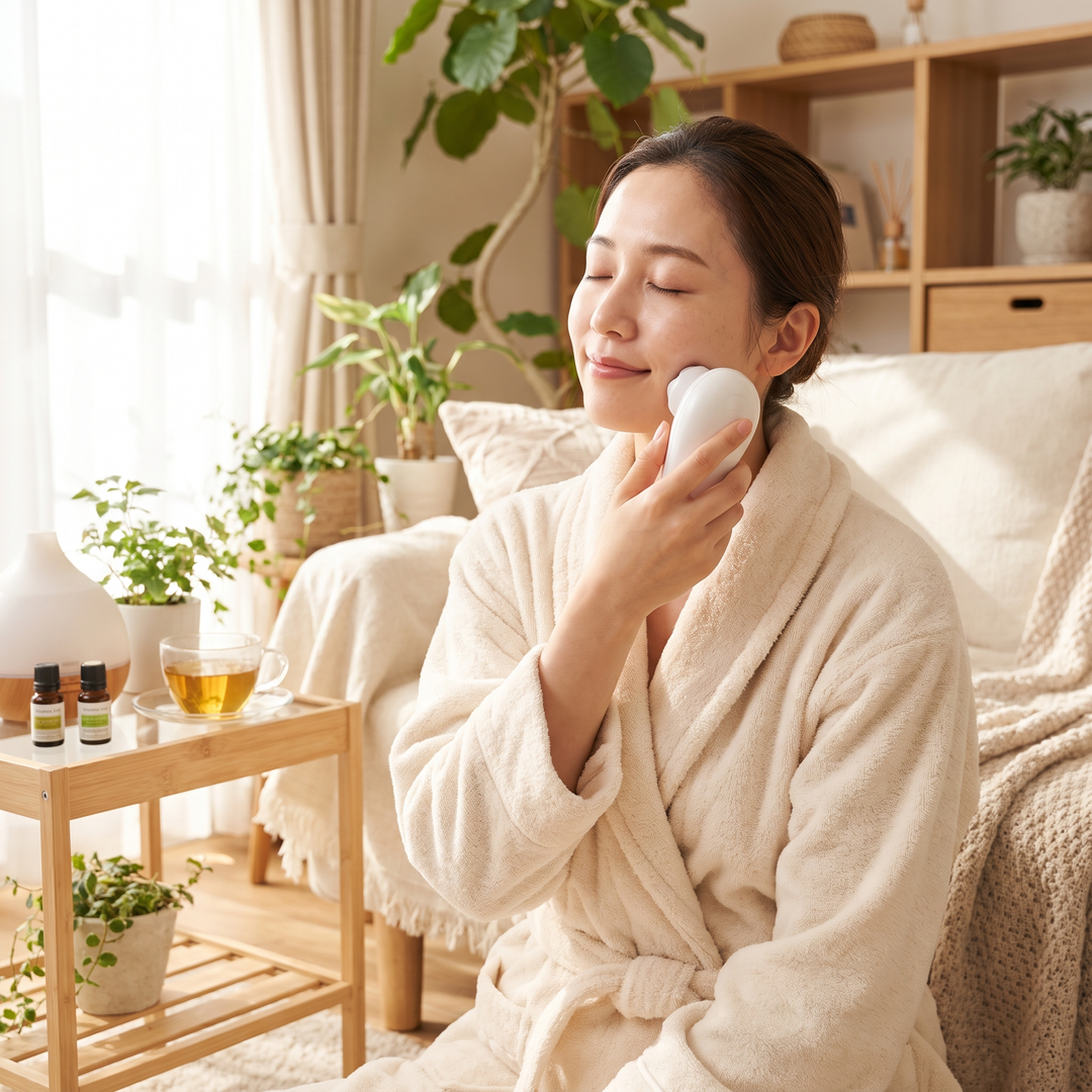 Relaxed woman using a professional-grade skin massage device for a soothing facial massage experience
