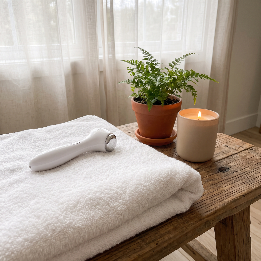 Professional-grade skin massage device resting on a spa table for a relaxing at-home spa ritual