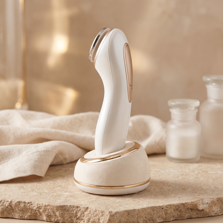 White professional-grade skin massage device resting upright on a charging dock