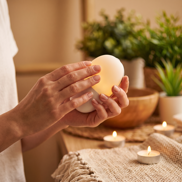 Hands holding a white professional-grade skin massage device in a calm spa setting
