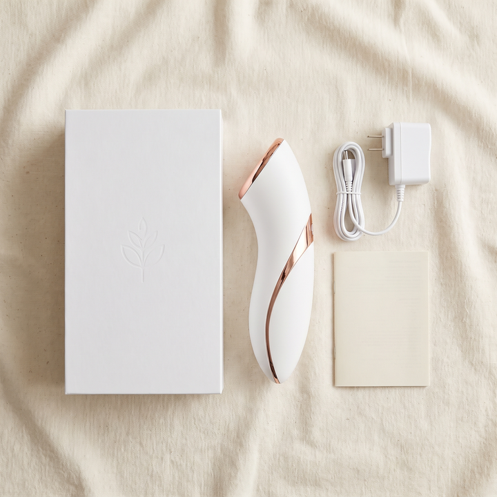 White skin massage device packaging flat lay for home spa use