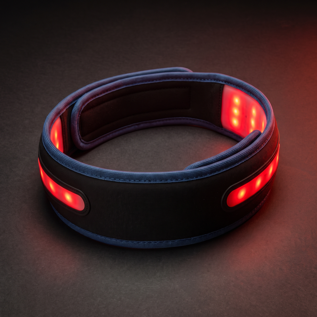 PHYSIOATHLETX Red Light Recovery Belt - blue trim glowing hero shot