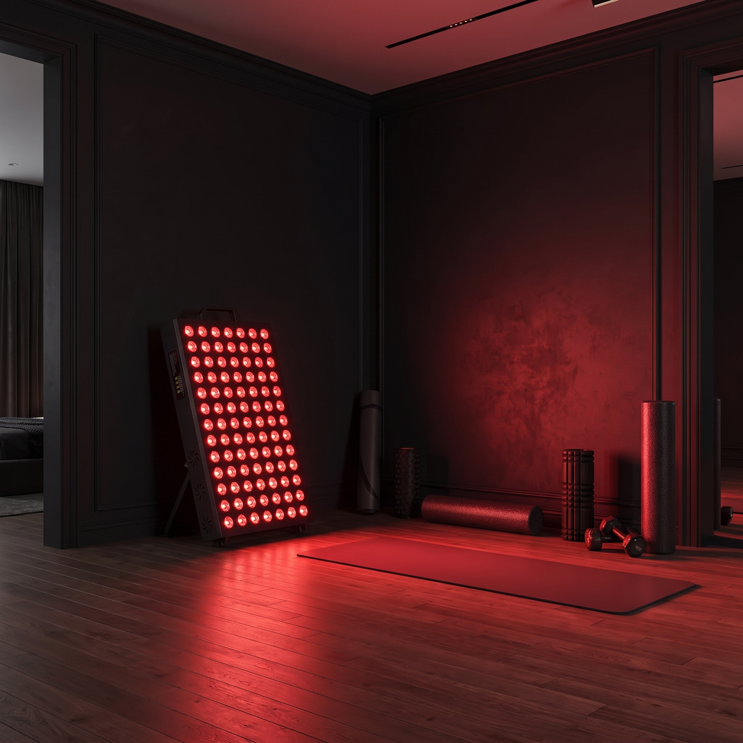 PHYSIOATHLETX red light recovery panel - dim home recovery room ambiance