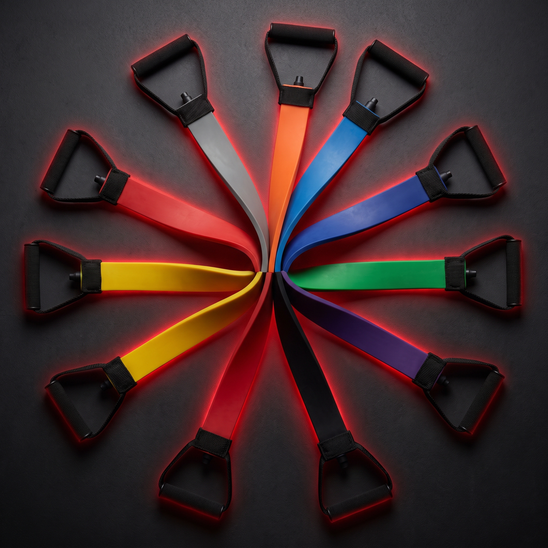 Heavy-Duty Stackable TPE Resistance Band Set - Full 8-Color Resistance Level Set Flat Lay