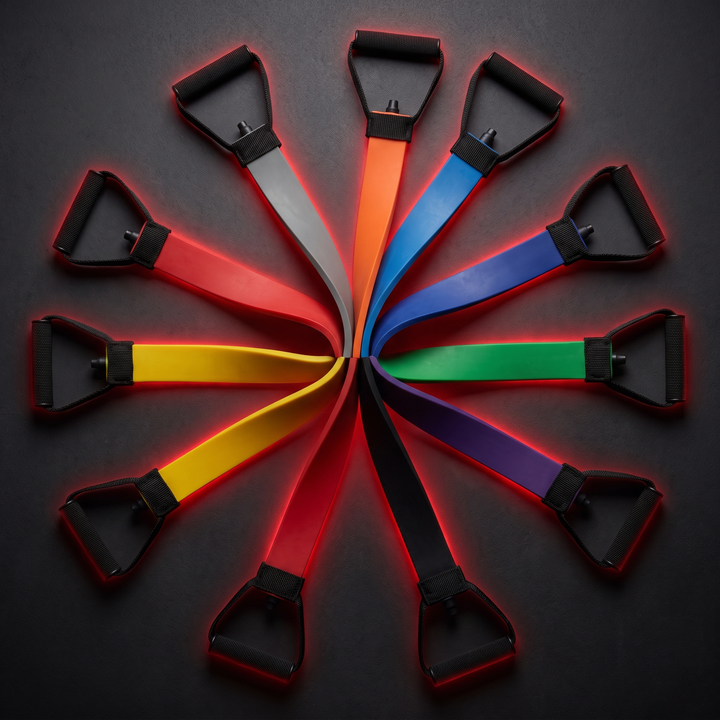 Heavy-Duty Stackable TPE Resistance Band Set - Full 8-Color Resistance Level Set Flat Lay
