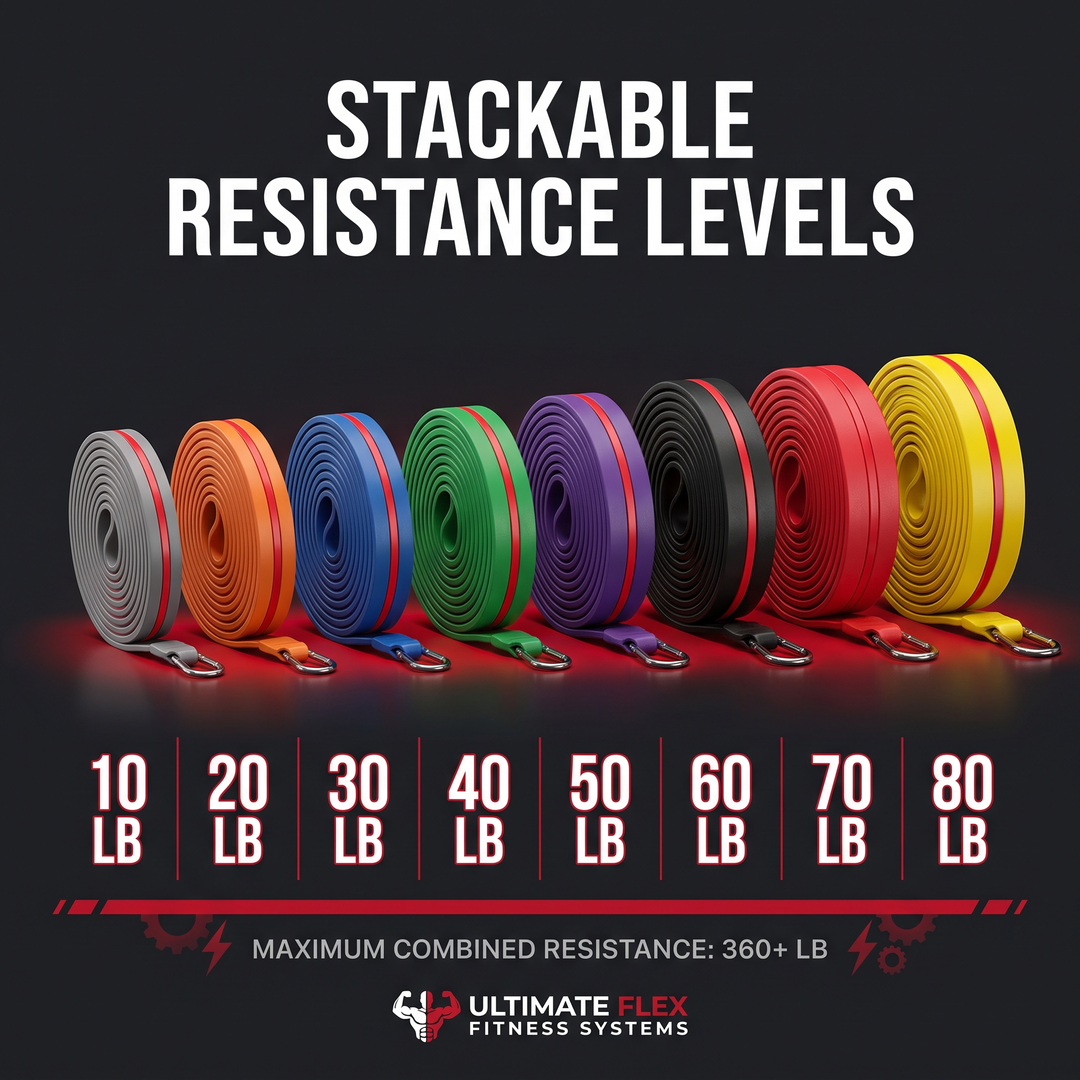 Heavy-Duty Stackable TPE Resistance Band Set - Color-Coded Resistance Level Comparison Chart - 8 Bands