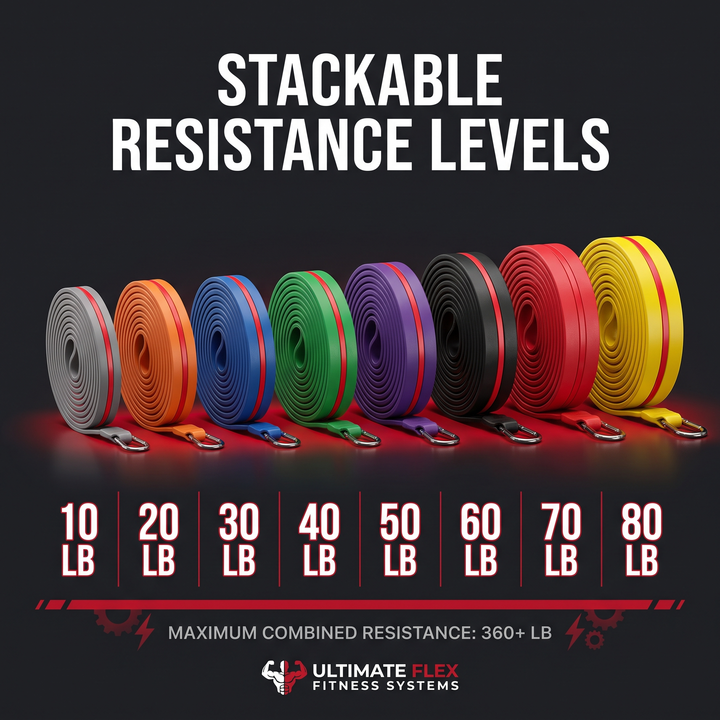 Heavy-Duty Stackable TPE Resistance Band Set - Color-Coded Resistance Level Comparison Chart - 8 Bands