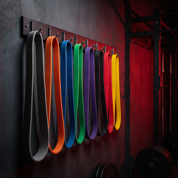 Heavy-Duty Stackable TPE Resistance Band Set - Full 8-Color Set Wall Rack Display