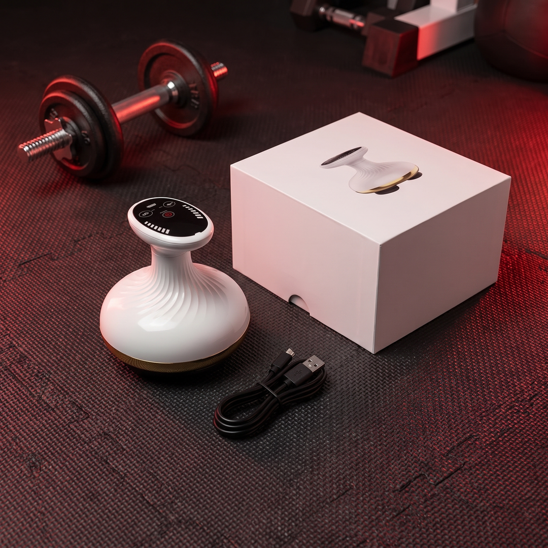 Device with charging cable and packaging, flat lay