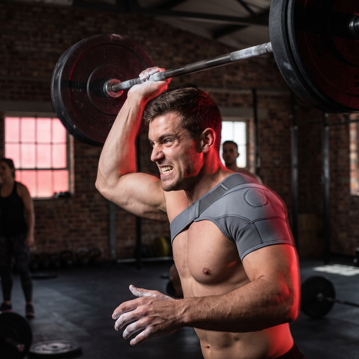 Athlete wearing shoulder support brace during barbell overhead lift, gym training