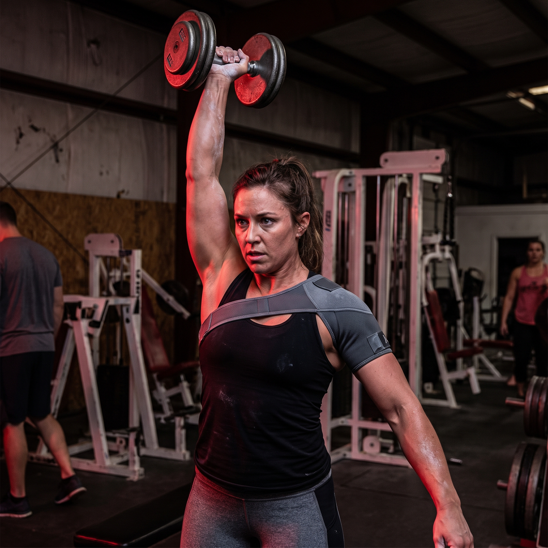 Athlete wearing shoulder support brace during dumbbell press, gym training