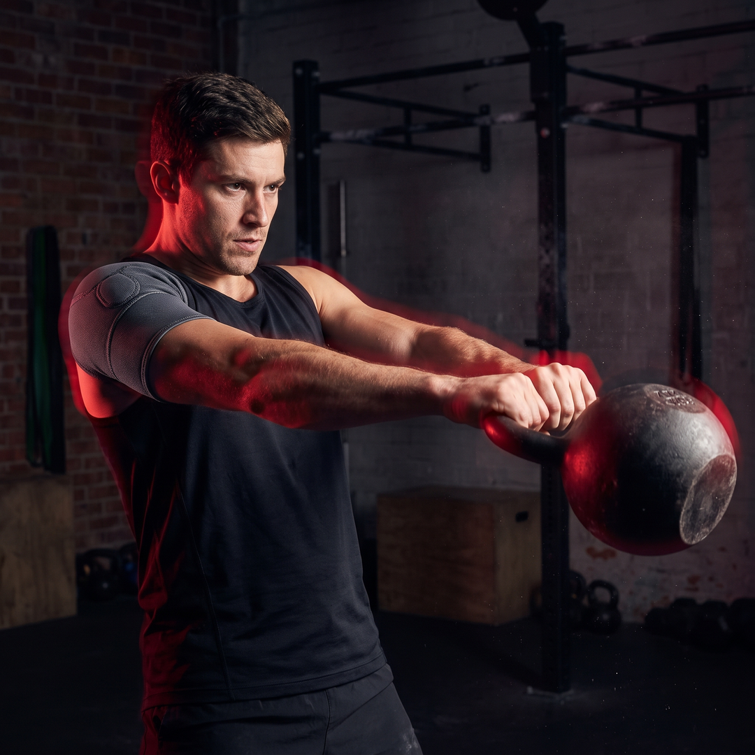 Athlete wearing shoulder support brace during kettlebell training