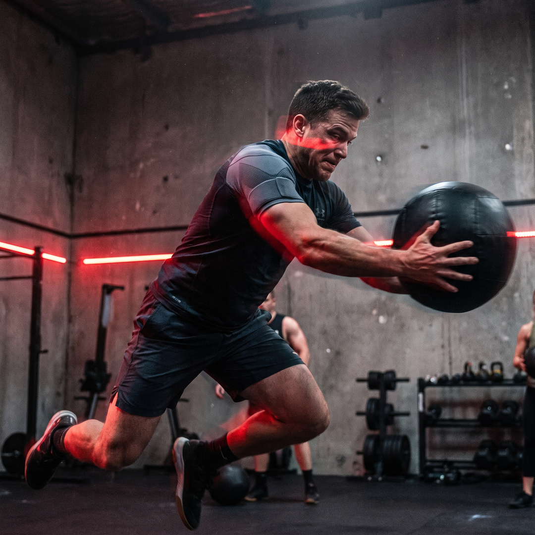 Athlete wearing shoulder support brace during medicine ball throw training
