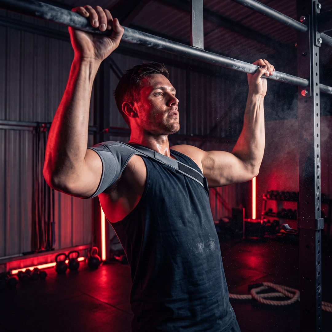 Athlete wearing shoulder support brace during pull-up training