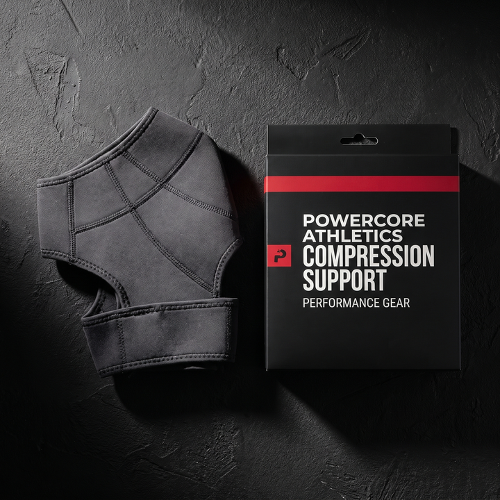 Shoulder support brace packaging flat lay, gym-brand retail box
