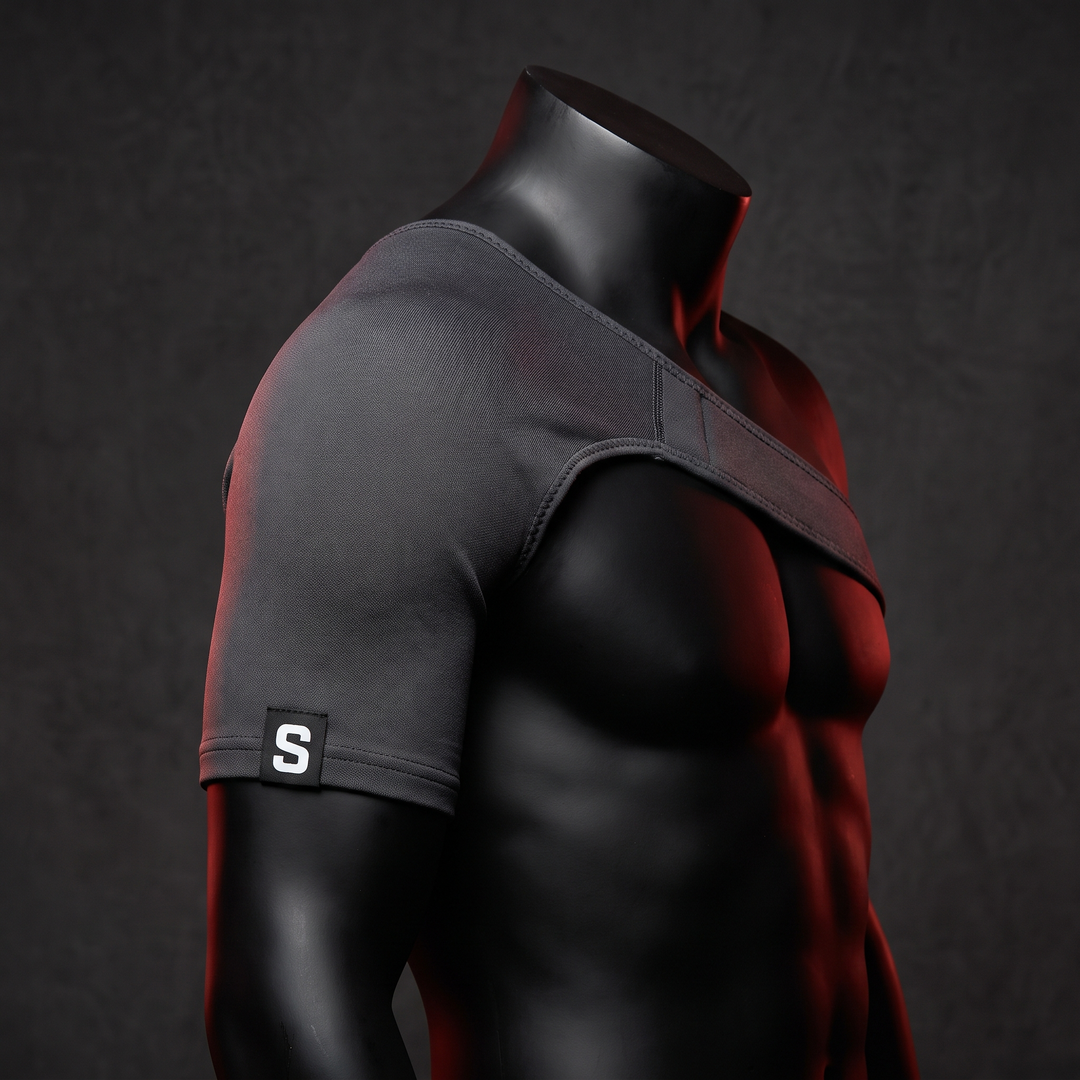 Gray shoulder support brace size reference - Small, built for lifting and training