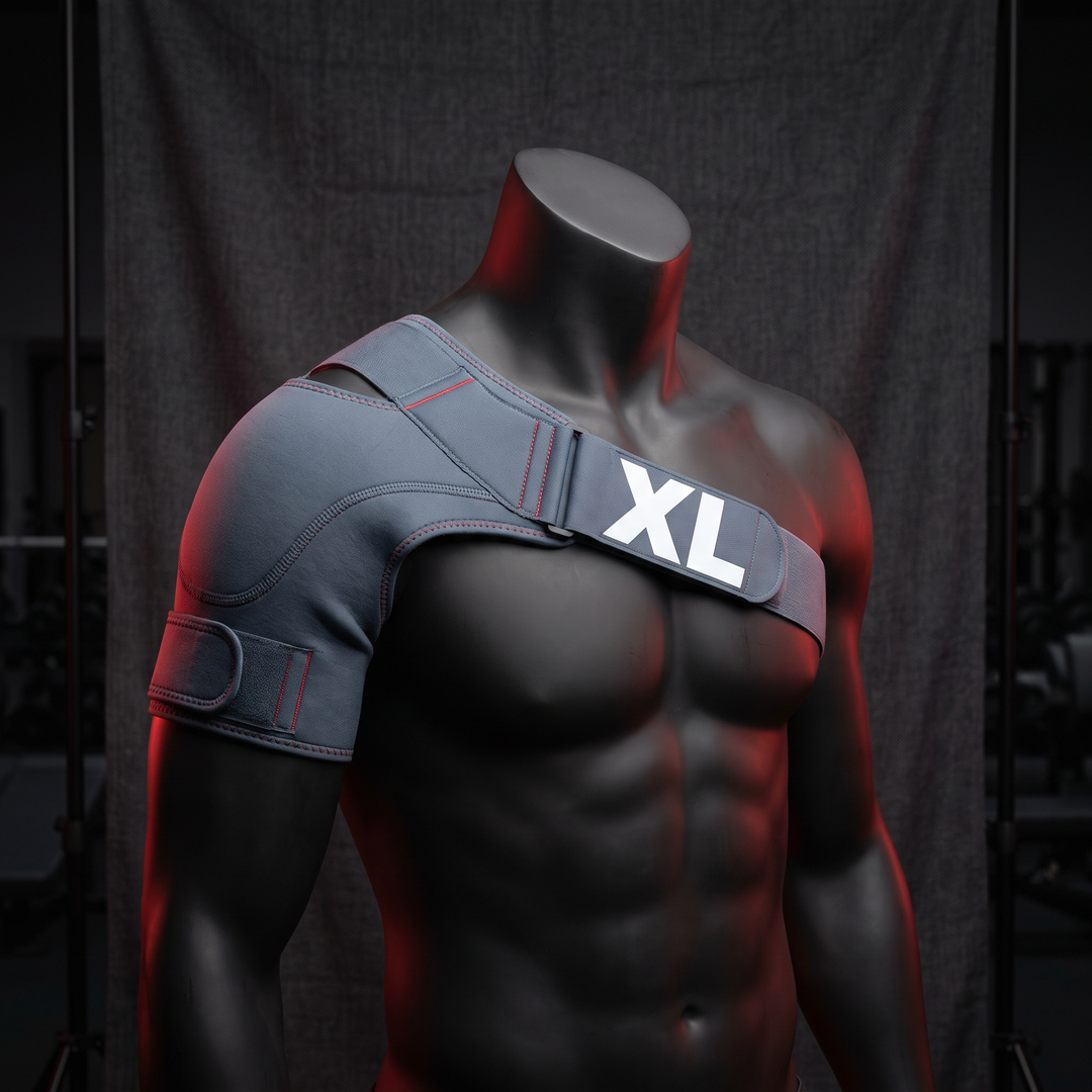 Gray shoulder support brace size reference - Extra Large, built for lifting and training