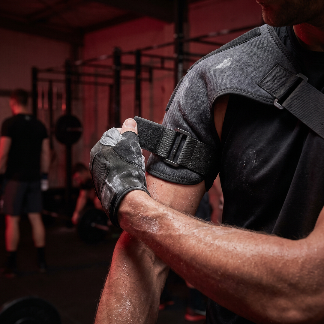Athlete adjusting strap system on shoulder support brace mid-workout