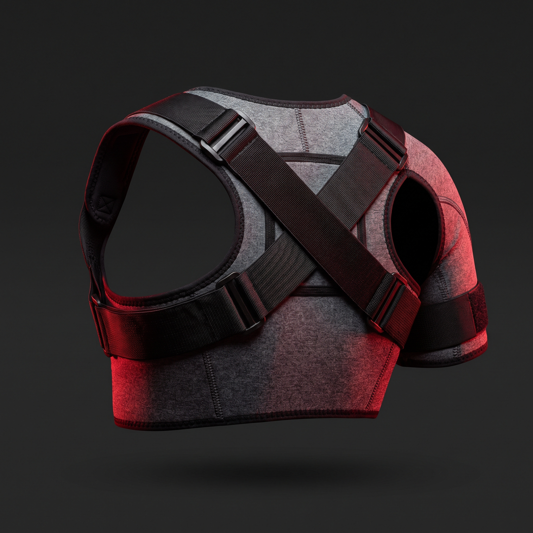 Gray compression shoulder sleeve for training, back view showing strap system