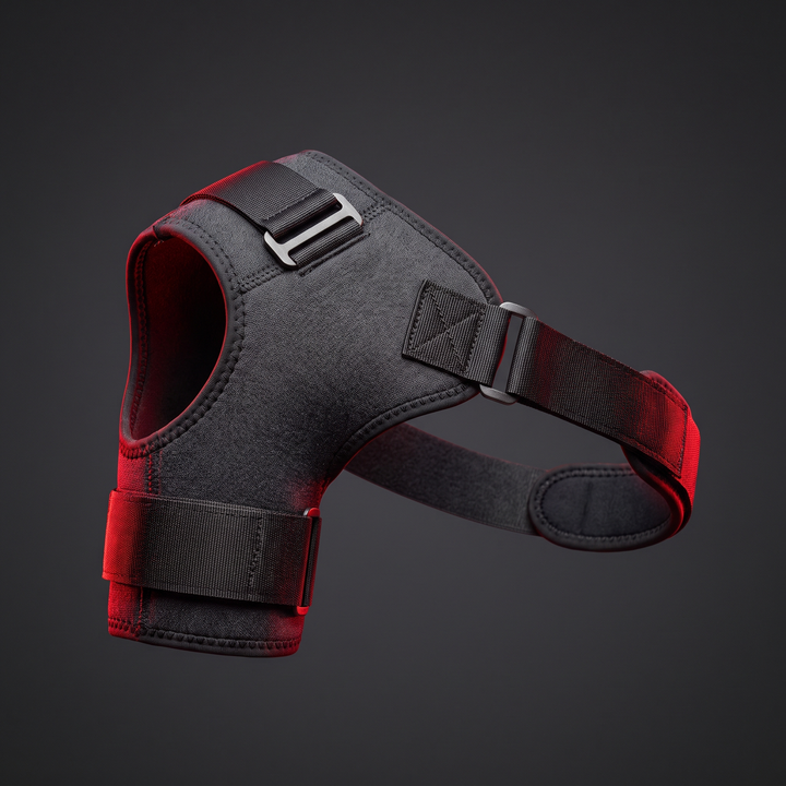 Gray adjustable shoulder support brace for gym training, front view