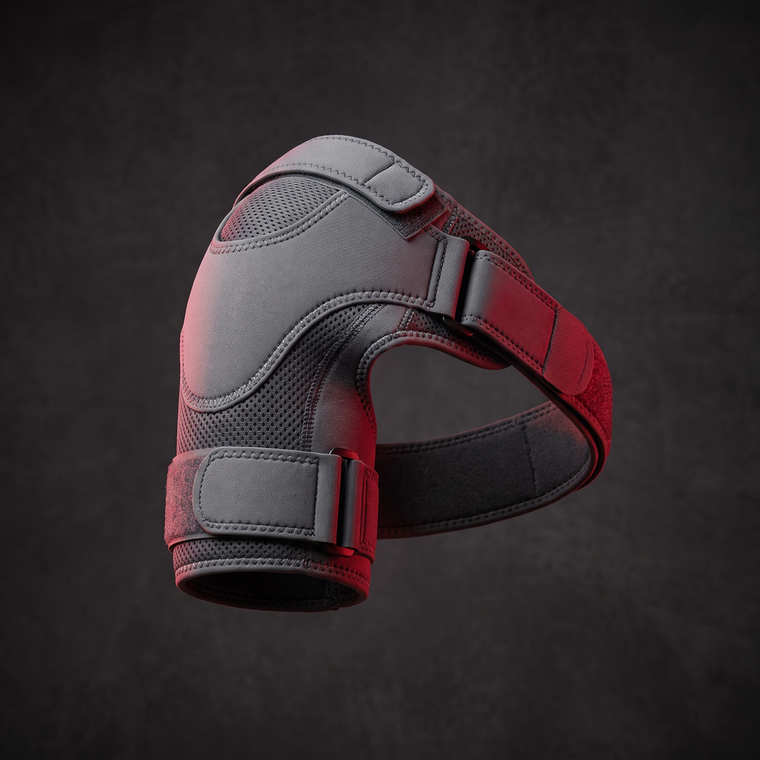 Adjustable shoulder support brace, side angle view, gym-ready design